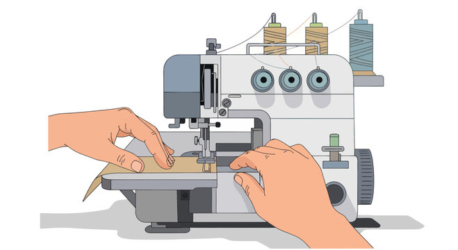 Hands operating an overlock sewing machine with fabric