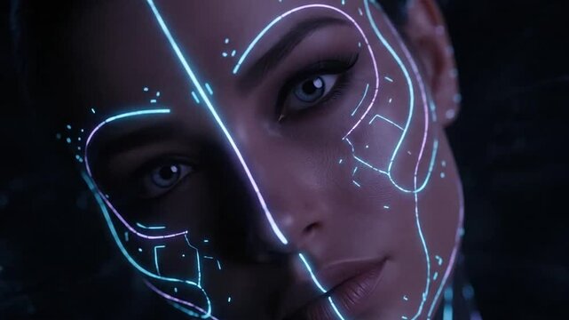 Futuristic human face with glowing neon lines in darkness