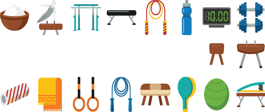 Comprehensive Gymnastics and Fitness Equipment Icon Set Featuring Rings Parallel Bars Vault Bench Jump Rope Water Bottle Stopwatch and Training Gear Vector Illustration.