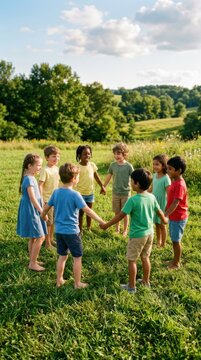 Multiethnic group of children holding hands and standing in a circle in a sunny meadow. Diverse kids playing together outdoors on International Childrens Day. Childhood joy and friendship.