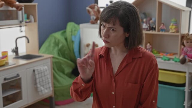 Woman points index finger toward dollhouse and toy shelves in a building playroom with a scolding expression; discipline concern.