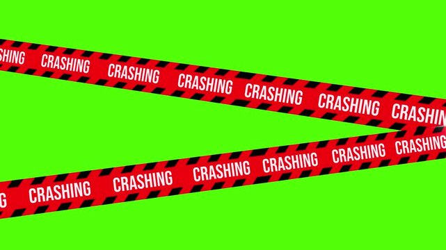 Crashing Tape on Green Screen: A red and black striped caution tape labeled Crashing stretches diagonally across a vibrant green screen background, highlighting a concept of hazard or alert.