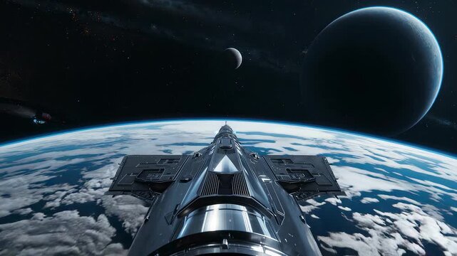 Spacecraft flying above Earth orbit with blue planet horizon, distant moons, deep space and cinematic science fiction exploration