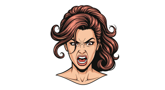 Angry woman with red hair is screaming with a wide-open mouth and a furious facial expression against a white background.