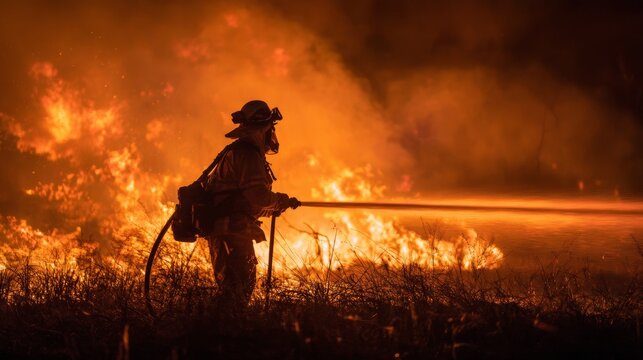 Firefighter wildfire fire flames smoke burning blaze heat disaster danger inferno rescue emergency safety protection with silhouette spraying water hose into intense orange flames at night