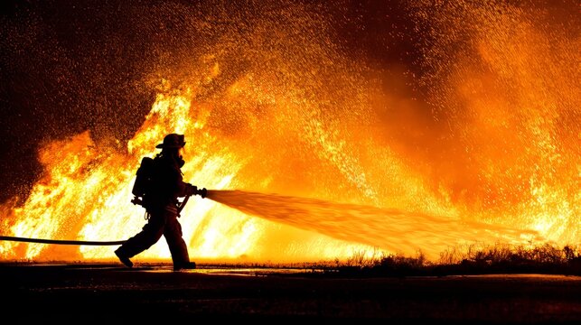 Firefighter wildfire fire flames smoke burning blaze heat disaster danger inferno rescue emergency safety protection with silhouette spraying water hose into intense orange flames at night