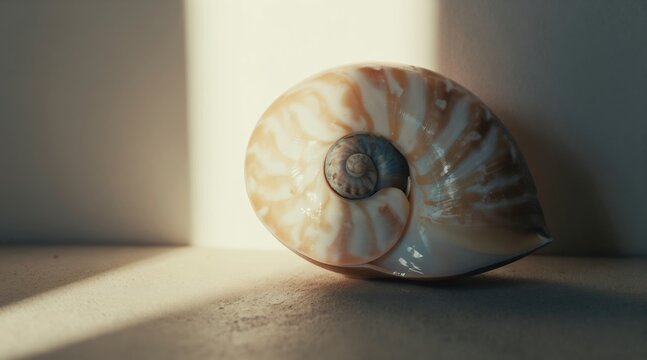 Nautilus shell spiral pattern shown close up. Sunlight shines on shell, casting shadow on wall. Shell rests on textured surface in soft light.
