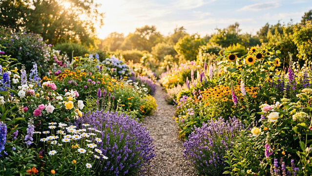 Summer garden in full bloom with varied colorful flowers ,nature beauty concept ,seasonal abundance ,garden paradise ,floral diversity ,peaceful gardening landscape
