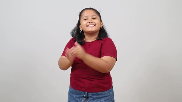 Happy, portrait asian little girl with applause for success, clapping and support concept