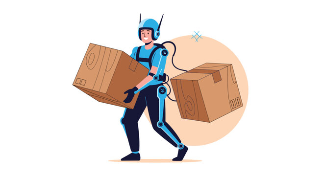 Delivery man wearing a high-tech blue exoskeleton suit while easily carrying heavy cardboard boxes in a warehouse setting.