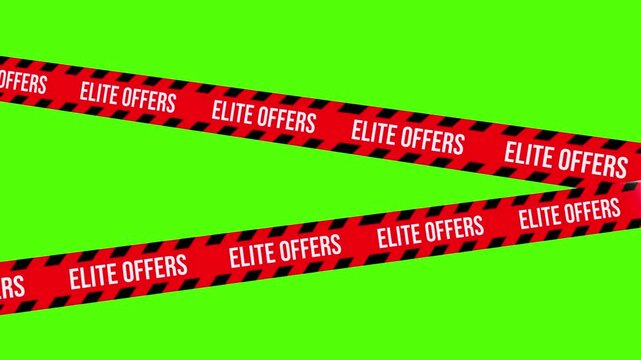 Exclusive Offers in Green: A dynamic visual presentation, showcasing the words ELITE OFFERS in a repeating pattern across a bright red ribbon. This graphic is set against a vibrant green backdrop.