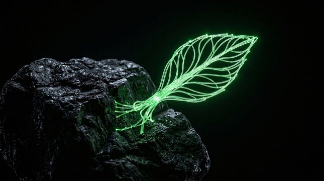 Energy transition and fossil fuel phase out concept featuring clean tech innovation digital green leaf emerging from dark coal rock