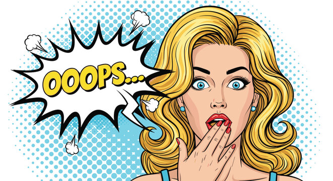 Worried blonde woman with blue eyes covering her mouth in shock with an oops speech bubble on a colorful pop art background.