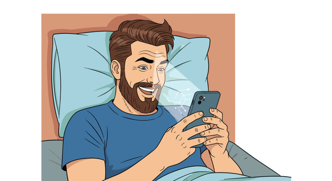 Smiling bearded man lying in bed at night and looking at his glowing smartphone screen while texting or browsing social media.