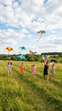 Children running with colorful kites in sunny meadow. Group of happy boy and girl playing outdoor on International Childrens Day. Active kids enjoying nature hobby and summer childhood.