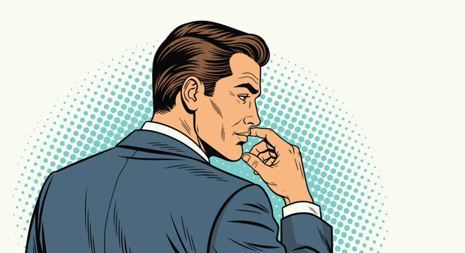 Serious businessman in a suit looking back over his shoulder with a thoughtful expression against a blue halftone background.