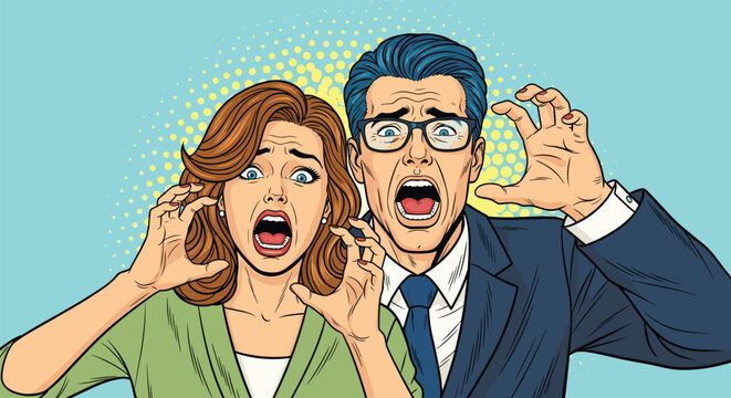 Terrified man and woman screaming with their hands up in fear against a bright blue and yellow halftone sunburst background.