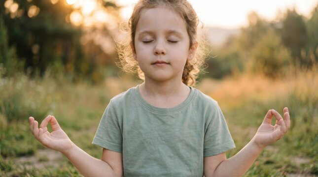 Little girl meditating in nature park. Child practicing yoga outdoor at sunset. Mindful kid relaxing with closed eyes in quiet session. Healthy lifestyle and wellness mental balance concept.