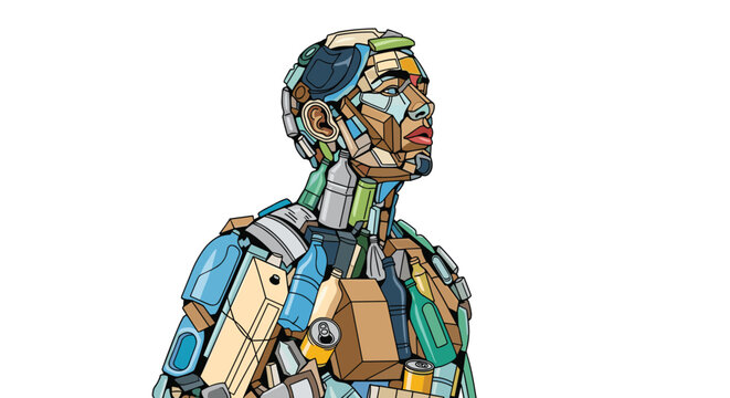Profile illustration of a human figure made entirely out of recycled materials like plastic bottles, cans, and cardboard boxes.