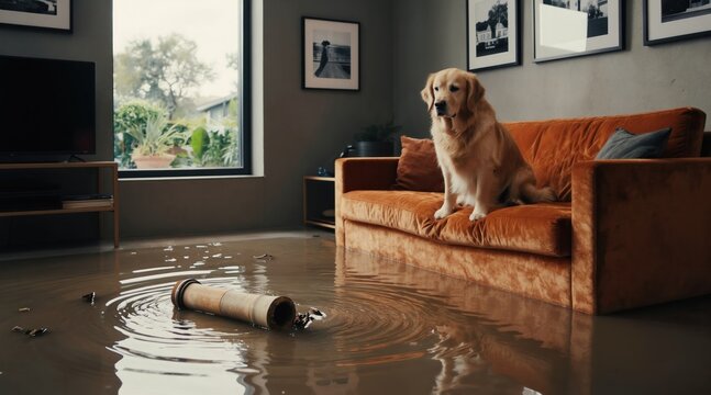 Dog sits on couch in flooded living room after pipe burst. Water covers floor near broken bamboo pipe. Concerned pet waits for help amidst home damage.