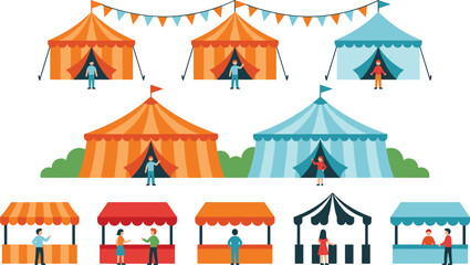 Circus Tent and Festival Fair Stall Set Featuring Carnival Marquees Bunting Flags and Amusement Park Food Kiosks Flat Vector Illustration © MdMahfizur