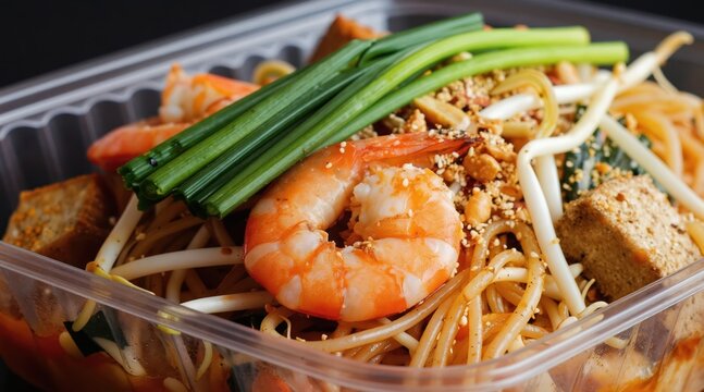 Close up of Pad Thai noodles in clear takeout container with shrimp, tofu, peanuts, and green onions. Asian street food ready for delivery or pickup. Fresh ingredients and vibrant colors.