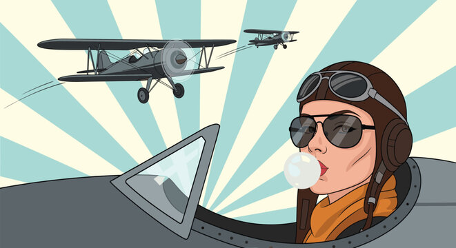 Cool female pilot in a vintage cockpit blowing a bubble with gum while biplanes fly in the background under a blue sunburst.