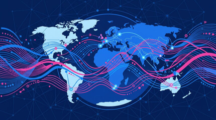 Global Network Connections Across Continents Map. © gabreil