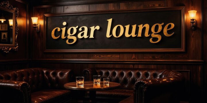 Elegant cigar lounge interior features plush brown leather seating and whiskey glasses. Gold lettering on a dark background announces cigar lounge. Warm ambient lighting from wall sconces.