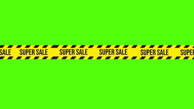 Super Sale Alert: A vivid yellow and black striped caution tape boldly proclaims Super Sale, drawing attention against a vibrant green backdrop, perfect for advertising