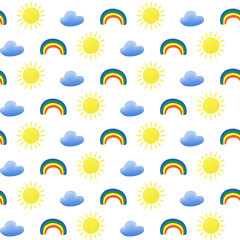 Naklejka premium Watercolor nursery collection, seamless pattern with rainbows, yellow suns and blue clouds. Hand painted minimalist tileable background for baby textile, wallpaper and branding.