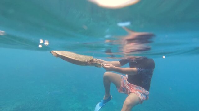 Slow-motion underwater of a man snorkelling and gently interacting with a sea turtle in crystal-clear blue water, holding the front flippers of sea turtle near big sister island, Seychelles 30fps 003