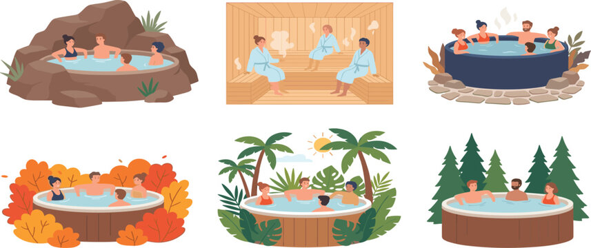 People Relaxing in Hot Tubs and Saunas Set Featuring Outdoor Spa Wellness Therapy Jacuzzi and Thermal Baths Flat Vector Illustration