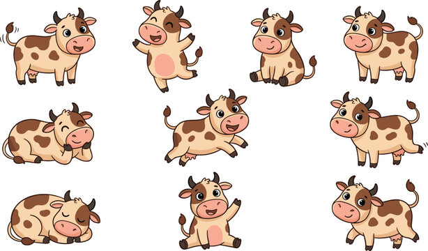 Cute Baby Cow Character Set Featuring Adorable Spotted Calves in Various Poses Like Jumping Sleeping and Waving Flat Cartoon Vector Illustration