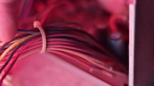 Technician Inspecting Bundled Multicolored Computer PSU Cables with Zip Tie Under Red Light