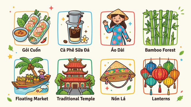A vibrant illustration showcasing iconic Vietnamese cultural elements, including food, traditional clothing, natural landscapes, and architectural landmarks.