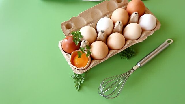 Raw eggs in carton with baking tools and herbs composition