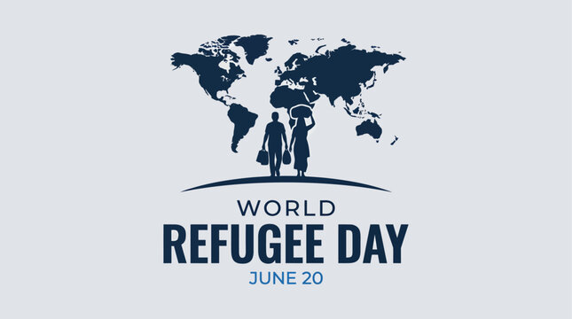 A professional vector graphic for World Refugee Day featuring silhouettes of refugees carrying belongings across a world map background.