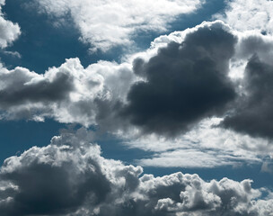 Obraz premium Dramatic cloudscape over blue sky. Dark cumulus clouds with bright edges fill the frame. Natural weather background with copy space..