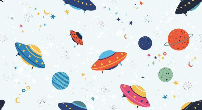 Seamless pattern of colorful ufos planets stars and various space elements on light background for fabric design.