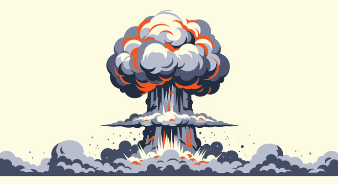 Large dramatic pixel art nuclear explosion mushroom cloud with orange fire and gray smoke over a light beige background.