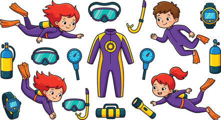 Cute cartoon children scuba divers character set with snorkeling gear masks flippers wetsuits oxygen tanks and underwater equipment vector illustration on white background. © MdMahfizur