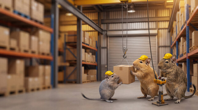 Three cute degus working as warehouse staff with a small overhead crane, creative anthropomorphic animal concept.