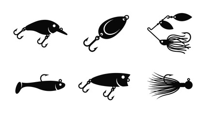 Obraz premium Black Fishing Lure Icon Set in Minimal Silhouette Style