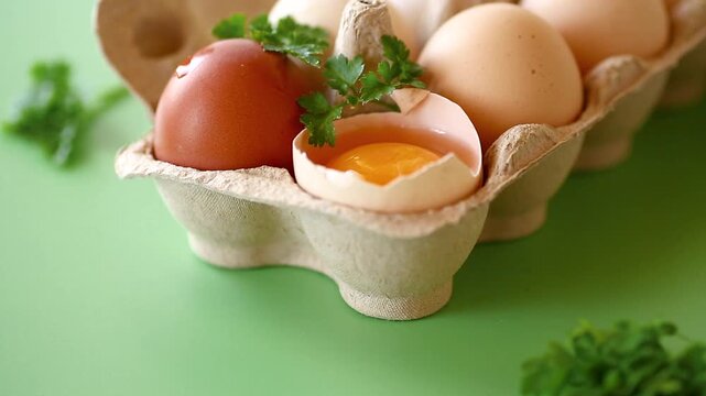 Raw eggs in carton with baking tools and herbs composition