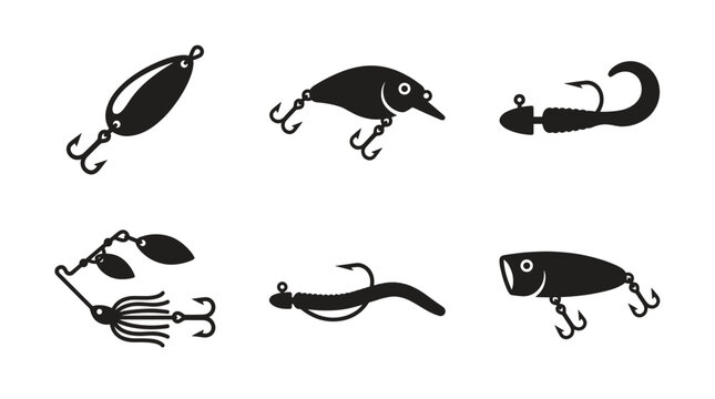 Black Fishing Lure Icon Set in Minimal Silhouette Style