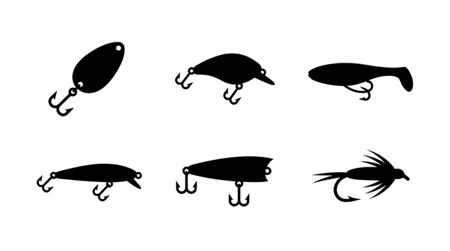 Black Fishing Lure Icon Set in Minimal Silhouette Style