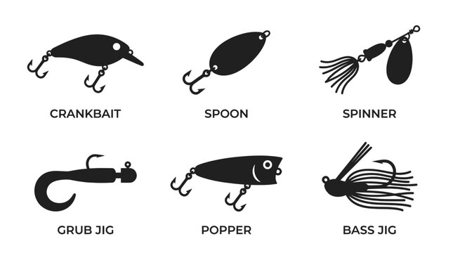 Black Fishing Lure Icon Set in Minimal Silhouette Style