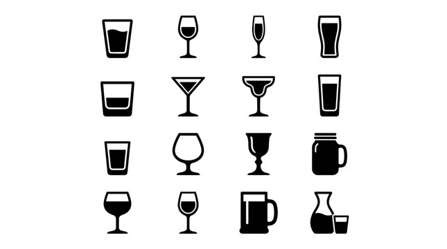 Black Drink Glasses Icon Set in Minimal Bar Silhouette Style