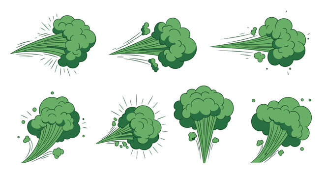 Set of green comic style smoke or gas clouds indicating fast movement and puffs of air over white background.